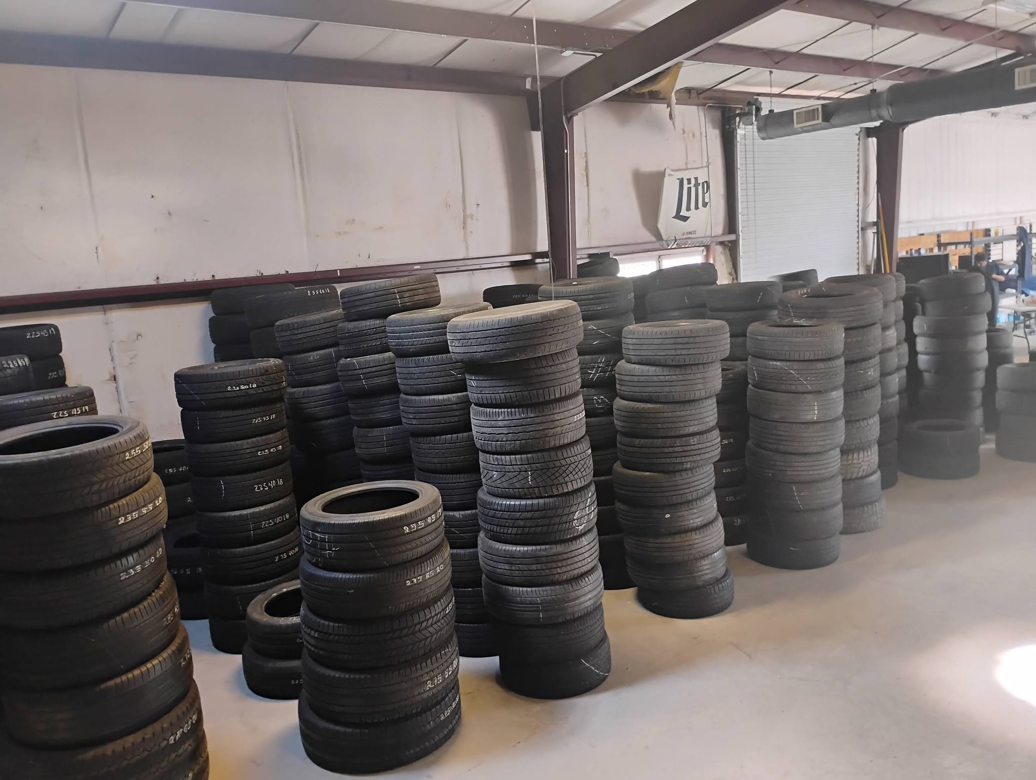 Rows of used tires in the shop