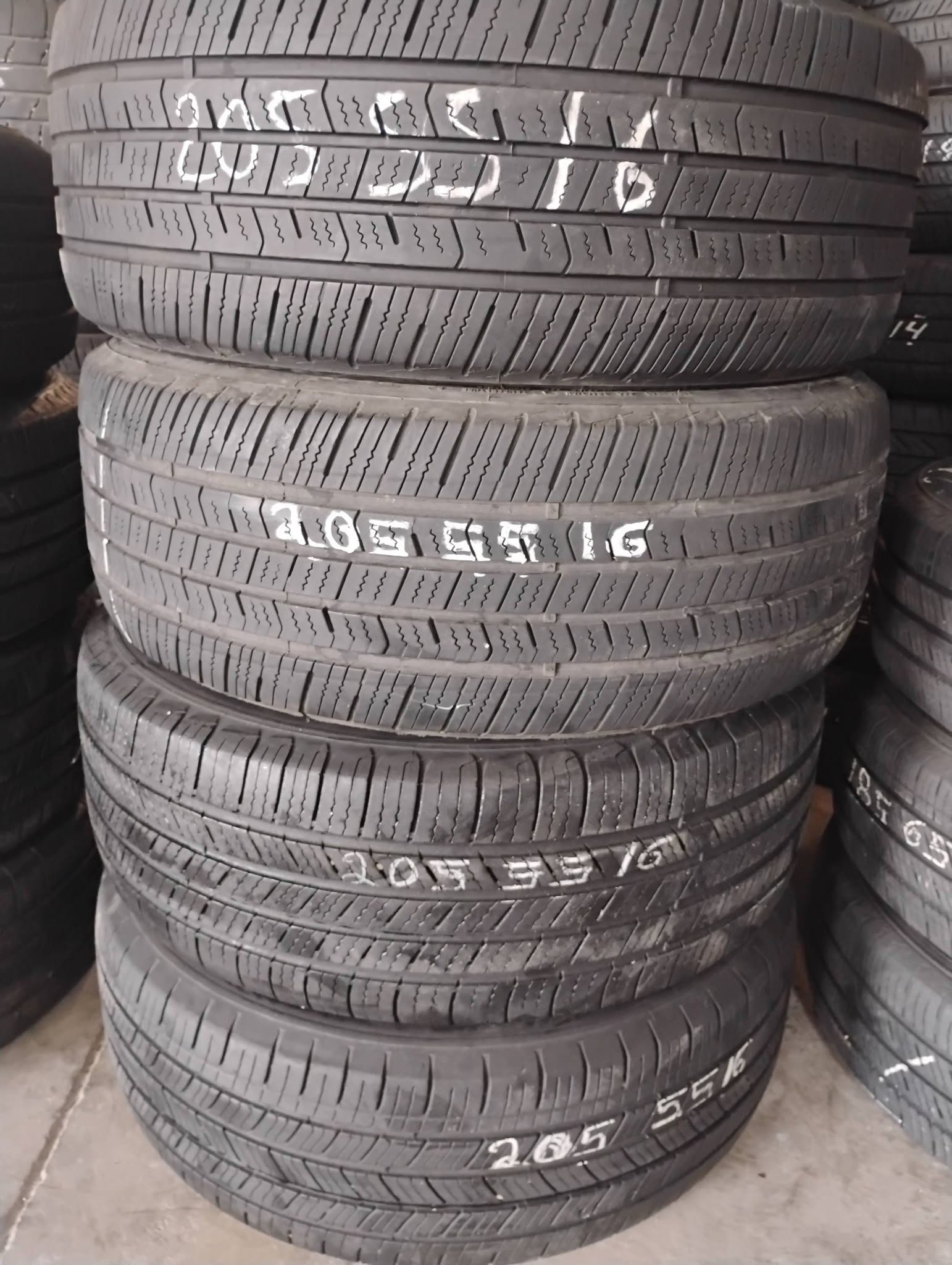Used tires with sizes marked